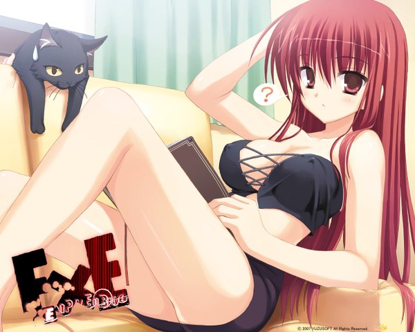 Anime picture 1280x1024 with empty x embryo kifune mio kobuichi single long hair looking at viewer fringe breasts light erotic hair between eyes large breasts bent knee (knees) red hair pink eyes copyright name covered nipples reclining ? girl skirt