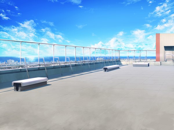 Anime picture 1024x768 with lovely x cation 2 hibiki works game cg sky cloud (clouds) no people landscape sea fence bench