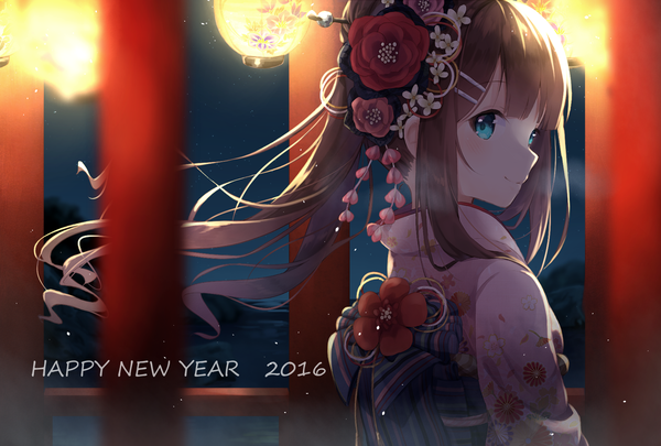 Anime picture 1748x1181 with original nonono (nononotea) single long hair looking at viewer highres blue eyes smile brown hair payot upper body ponytail traditional clothes japanese clothes profile looking back night new year river happy new year