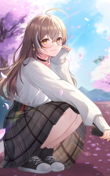 Anime picture 2392x3835 with virtual youtuber hololive hololive english nanashi mumei nanashi mumei (casual) tokisaka makoto single long hair tall image looking at viewer fringe highres hair between eyes brown hair yellow eyes full body ahoge outdoors long sleeves cherry blossoms