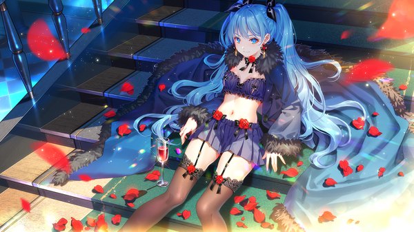 Anime picture 2000x1124 with witch's weapon tidsean single long hair blush fringe highres blue eyes light erotic smile wide image sitting blue hair pleated skirt open clothes official art bare belly sparkle two side up fur trim