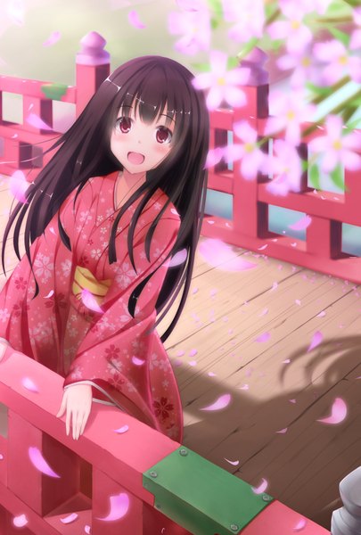 Anime picture 2362x3496 with original nicoby single long hair tall image looking at viewer blush highres open mouth black hair red eyes traditional clothes japanese clothes girl flower (flowers) petals kimono