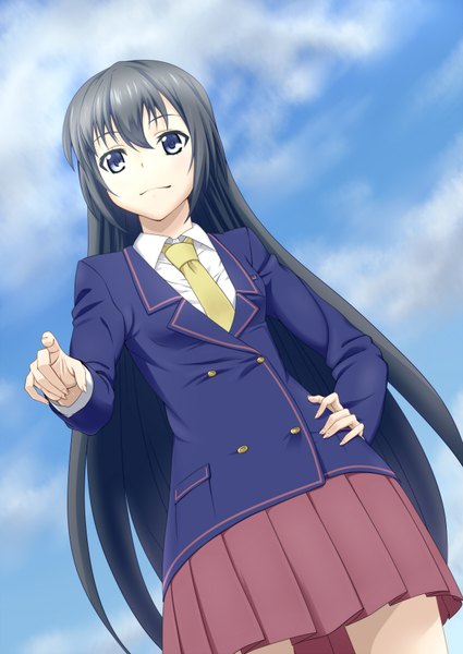 Anime picture 1240x1750 with original iyakun (artist) single long hair tall image blue eyes black hair pointing girl skirt uniform school uniform miniskirt shirt necktie
