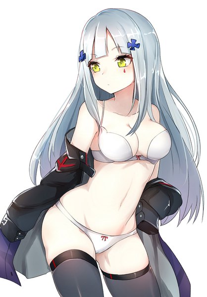 Anime picture 800x1149 with girls frontline hk416 (girls frontline) luse maonang single long hair tall image blush fringe breasts light erotic simple background white background bare shoulders green eyes payot looking away cleavage silver hair blunt bangs off shoulder