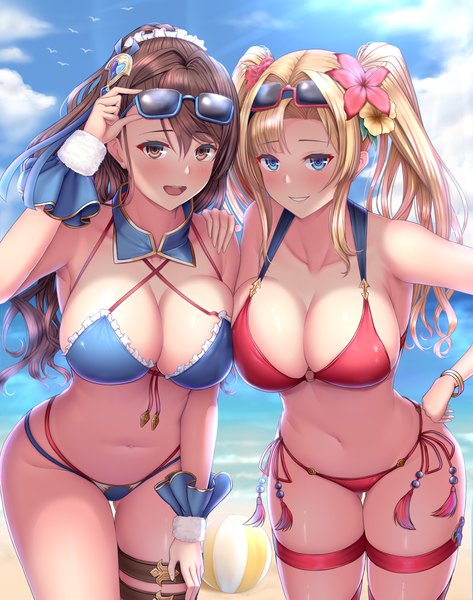 Anime-Bild 3000x3800 mit granblue fantasy zeta (granblue fantasy) beatrix (granblue fantasy) melopun long hair tall image looking at viewer blush fringe highres breasts open mouth blue eyes light erotic blonde hair smile hair between eyes brown hair standing twintails
