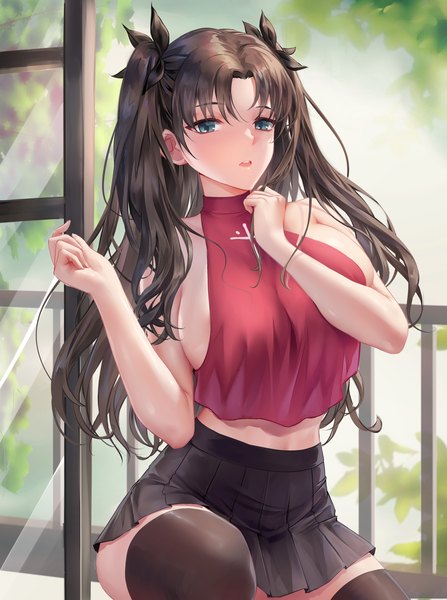 Anime picture 4587x6160 with fate (series) fate/stay night toosaka rin chihunhentai single long hair tall image looking at viewer blush fringe highres breasts open mouth blue eyes light erotic hair between eyes brown hair large breasts sitting bare shoulders