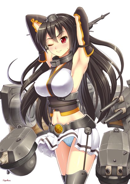 Anime picture 1535x2171 with kantai collection nagato battleship number10 (hagakure) single long hair tall image blush breasts light erotic black hair simple background red eyes large breasts white background one eye closed wink pantyshot girl thighhighs navel