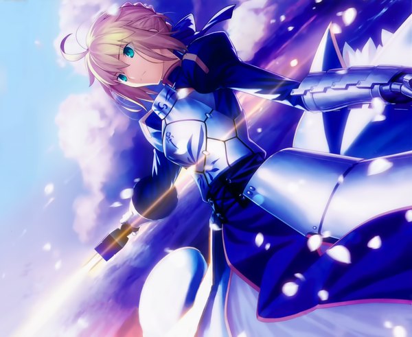 Anime picture 3663x3000 with fate (series) fate/stay night type-moon artoria pendragon (all) saber takeuchi takashi single fringe highres short hair blonde hair looking away absurdres sky cloud (clouds) ahoge aqua eyes girl weapon sword