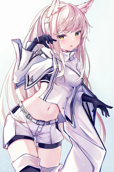 Anime picture 2381x3578 with arknights platinum (arknights) e-bbh single long hair tall image looking at viewer blush fringe highres open mouth simple background blonde hair standing white background animal ears yellow eyes payot ponytail tail