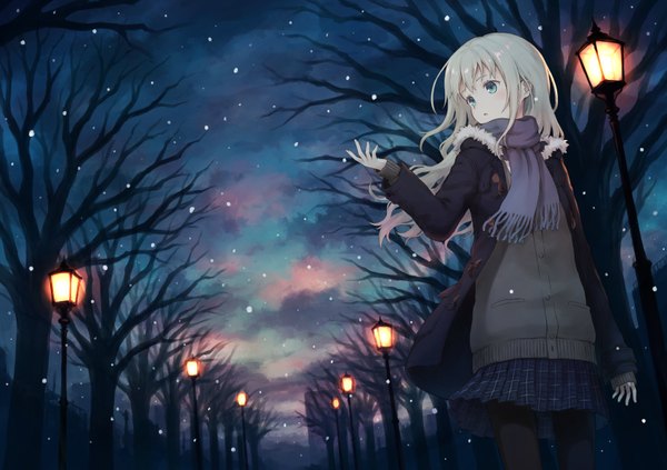 Anime picture 1700x1200 with original 104 single long hair blush fringe open mouth blonde hair standing payot looking away sky cloud (clouds) outdoors pleated skirt arm up aqua eyes wind fur trim evening