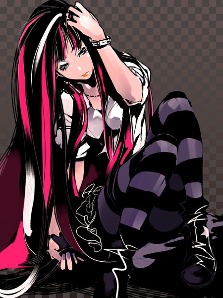Anime-Bild 1000x1333 mit panty & stocking with garterbelt anarchy stocking pomodorosa tall image looking at viewer sitting very long hair multicolored hair streaked hair hand on head makeup emo girl dress socks shoes boots clock pocket watch
