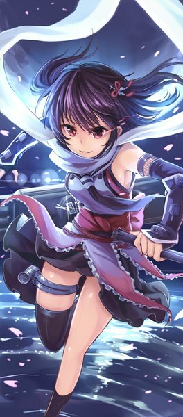 Anime picture 465x1053 with kantai collection sendai light cruiser ks single long hair tall image looking at viewer black hair purple eyes two side up girl dress weapon detached sleeves petals scarf