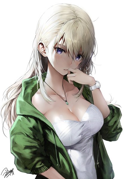 Anime picture 858x1200 with original iori (cpeilad) single long hair tall image looking at viewer blush fringe simple background blonde hair hair between eyes white background purple eyes signed cleavage upper body parted lips open jacket hand to mouth girl