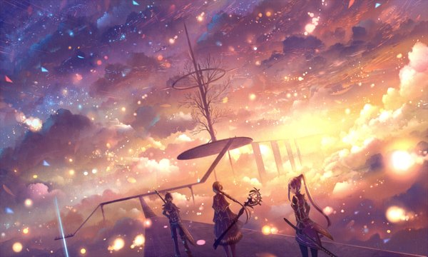 Anime picture 1400x840 with original bounin long hair looking at viewer fringe short hair wide image standing multiple girls holding brown eyes sky cloud (clouds) outdoors ponytail braid (braids) looking back wind from behind lens flare