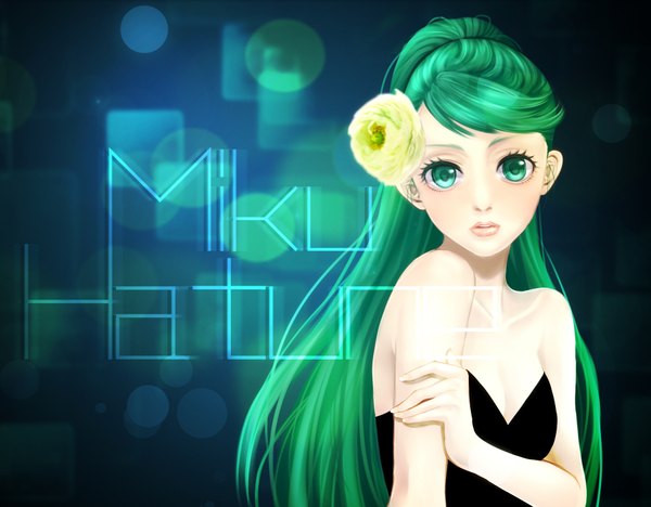 Anime picture 1827x1428 with vocaloid hatsune miku masami chie single long hair highres bare shoulders green eyes ponytail hair flower green hair girl dress hair ornament black dress