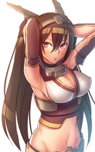 Anime picture 900x1440 with kantai collection nagato battleship namago single long hair tall image looking at viewer blush breasts light erotic simple background red eyes brown hair large breasts white background bare belly midriff adjusting hair girl navel