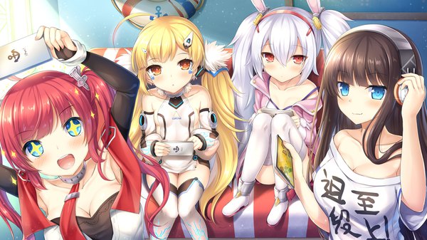 イラスト 1920x1080 と アズールレーン ラフィー(アズールレーン) eldridge (azur lane) san diego (azur lane) ロング・アイランド(アズールレーン) long island (no cola no life) (azur lane) 大気KEN 長髪 カメラ目線 赤面 前髪 highres おっぱい 開いた口 青い目 light erotic 金髪 笑顔 hair between eyes 赤い目