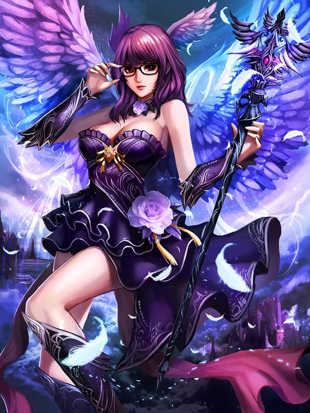 Anime picture 800x1067 with original chaosringen single tall image looking at viewer fringe breasts large breasts standing purple eyes cleavage purple hair wind lips realistic lipstick glowing angel wings head wings adjusting glasses