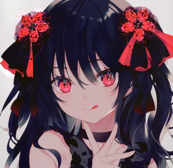 Anime picture 2112x2050 with original achiki single long hair looking at viewer blush fringe highres black hair simple background smile hair between eyes red eyes payot upper body scan grey background two side up sleeveless portrait