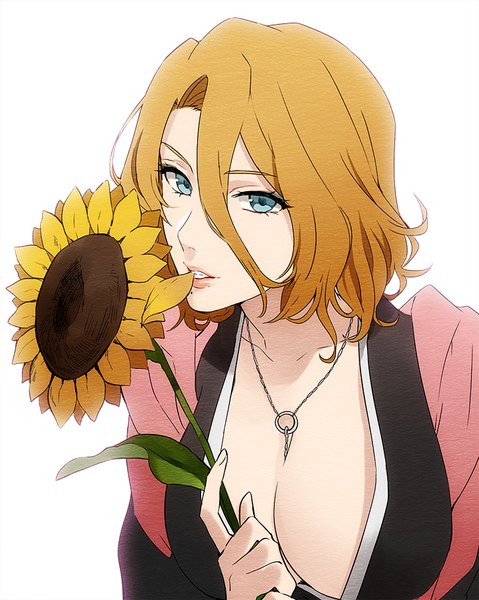 Anime picture 719x900 with bleach studio pierrot matsumoto rangiku yukin (es) single tall image fringe short hair breasts blue eyes light erotic simple background hair between eyes large breasts white background holding upper body orange hair mole lipstick