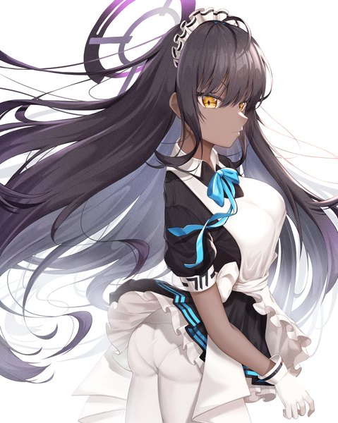 Anime picture 2148x2693 with blue archive karin (blue archive) lancheu single long hair tall image fringe highres light erotic simple background hair between eyes white background yellow eyes ahoge ass wind maid dark skin girl gloves