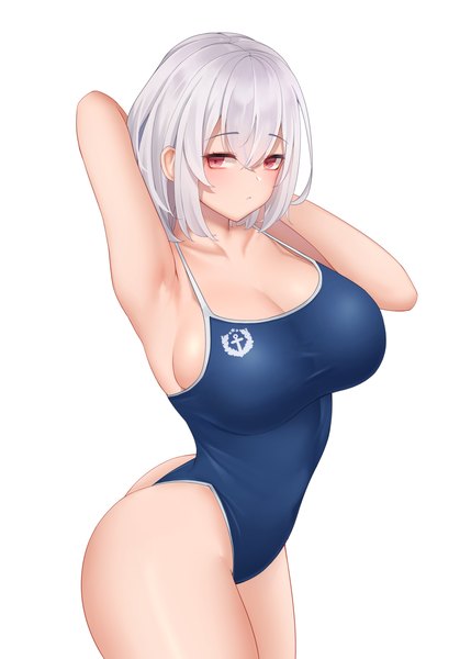 Anime picture 2500x3500 with azur lane sirius (azur lane) wei xiao single tall image looking at viewer blush fringe highres short hair breasts light erotic simple background red eyes large breasts standing white background silver hair ass arms up