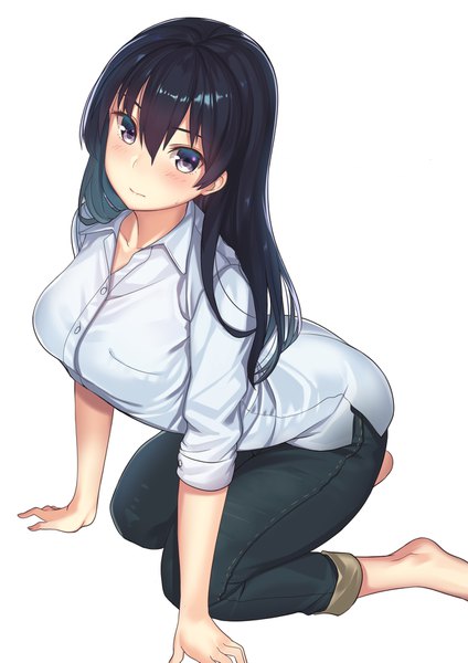 Anime picture 1276x1805 with original kagematsuri single long hair tall image looking at viewer blush fringe breasts blue eyes black hair simple background hair between eyes white background barefoot from above arm support kneeling girl shirt