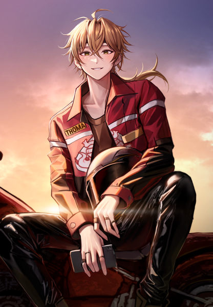 Anime picture 1740x2508 with genshin impact thoma (genshin impact) pponnya single long hair tall image looking at viewer fringe highres blonde hair hair between eyes sitting yellow eyes sky outdoors alternate costume character names piercing evening ear piercing