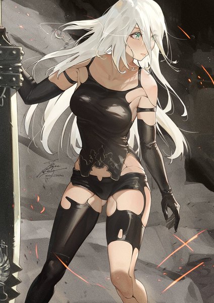 Anime picture 1061x1500 with nier nier:automata yorha type a no. 2 fadingz single long hair tall image blush fringe light erotic hair between eyes standing bare shoulders signed looking away silver hair arm up aqua eyes mole skindentation