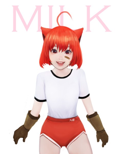 Anime picture 2400x3000 with original milk (jubi) jubi (regiana) single tall image looking at viewer fringe highres short hair open mouth simple background smile hair between eyes red eyes white background signed animal ears ahoge red hair cat ears