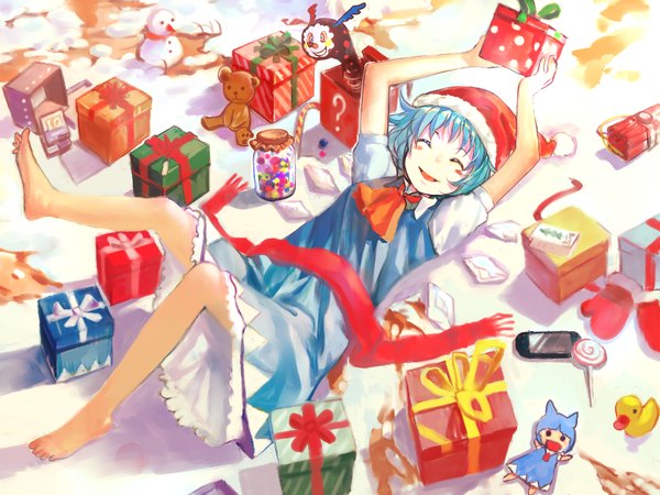 Anime picture 1024x768 with touhou cirno zrero single blush short hair smile bare shoulders blue hair lying eyes closed legs fur trim girl dress wings scarf fur toy stuffed animal