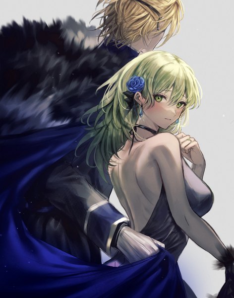 Anime picture 1563x1985 with fire emblem fire emblem: three houses nintendo byleth (fire emblem) dimitri alexandre blaiddyd byleth (female) (fire emblem) 3h aria long hair tall image looking at viewer blush fringe short hair breasts simple background blonde hair smile hair between eyes standing green eyes