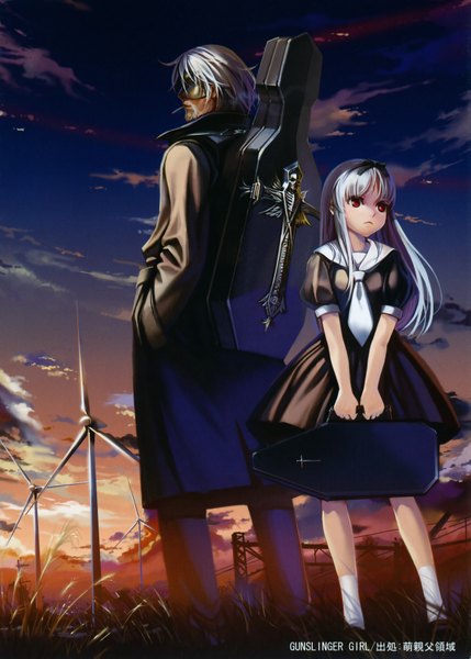 Anime picture 2505x3500 with sound horizon elysion elice (sound horizon) abyss alphonse (white datura) long hair tall image highres short hair red eyes sky cloud (clouds) white hair evening sunset smoking girl dress boy socks