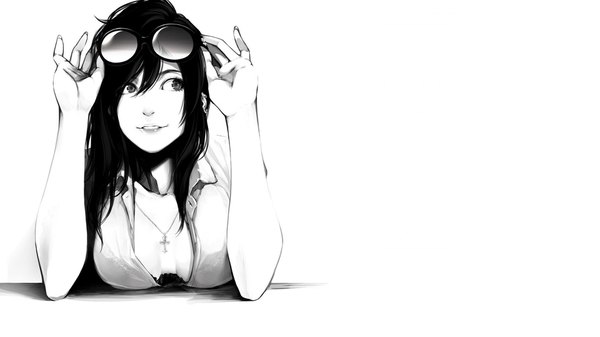 Anime picture 1920x1080 with original poaro single long hair highres breasts light erotic black hair wide image white background looking away upper body parted lips wallpaper monochrome sunglasses on head girl pendant cross sunglasses