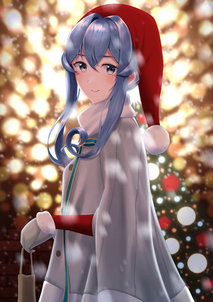 Anime picture 836x1180 with kantai collection gotland (kantai collection) mugiaki single long hair tall image looking at viewer blush fringe smile hair between eyes standing holding blue hair blurry mole grey eyes depth of field mole under eye snowing