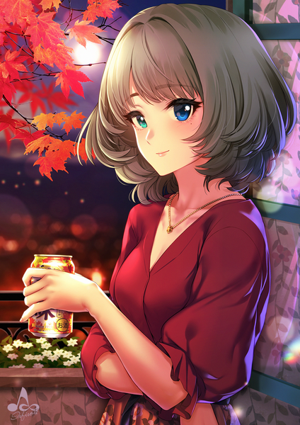 Anime picture 1300x1839 with idolmaster idolmaster cinderella girls takagaki kaede infinote single tall image looking at viewer blush fringe short hair blue eyes holding signed upper body aqua eyes green hair lips night mole night sky