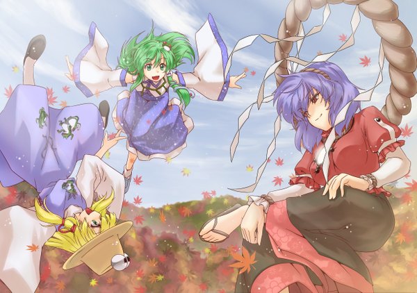 Anime picture 2480x1748 with touhou caesar et cleopatra (abo) long hair highres short hair open mouth blue eyes blonde hair smile multiple girls brown eyes green eyes purple hair braid (braids) traditional clothes green hair wide sleeves flying miko upside down