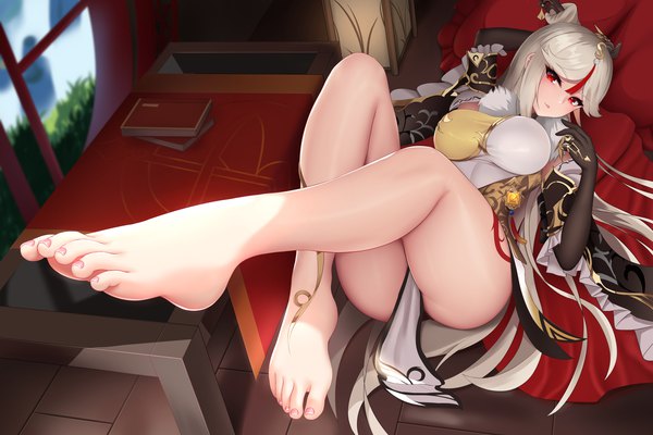 Anime picture 6000x4000 with genshin impact ningguang (genshin impact) nekoda (maoda) single long hair looking at viewer blush fringe highres breasts light erotic red eyes large breasts absurdres silver hair full body bent knee (knees) indoors lying traditional clothes