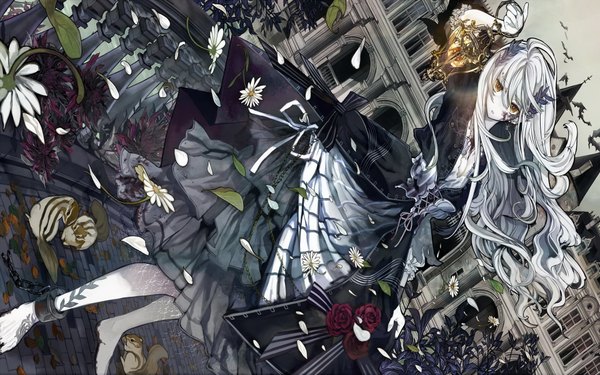 Anime picture 1920x1200 with original ukai saki single long hair highres wide image yellow eyes white hair barefoot tattoo torn clothes pale skin girl dress flower (flowers) bow ribbon (ribbons) animal petals rose (roses)