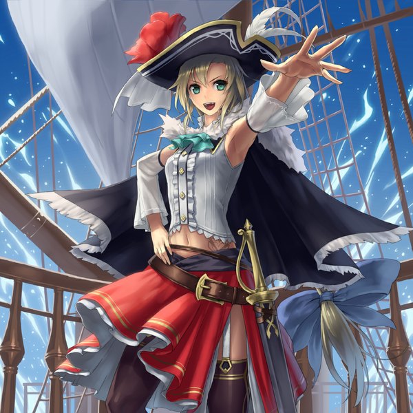 Anime picture 1000x1000 with original mismi single long hair fringe open mouth blonde hair armpit (armpits) midriff tattoo hand on hip happy pirate girl thighhighs skirt navel bow weapon black thighhighs
