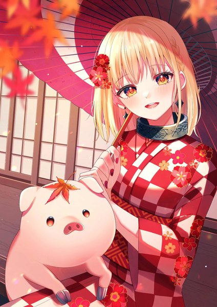 Anime picture 1810x2560 with buta no liver wa kanetsu shiro jess (buta no liver wa kanetsu shiro) pig (buta no liver wa kanetsu shiro) junineu single tall image looking at viewer highres short hair open mouth blonde hair yellow eyes upper body nail polish traditional clothes head tilt :d japanese clothes red nail polish autumn