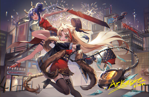 Anime picture 2600x1695 with arknights ch'en (arknights) ch'en (ageless afterglow) (arknights) swire (arknights) swire (honor and splendor) (arknights) juju (jelly fever) long hair highres open mouth blonde hair red eyes multiple girls green eyes animal ears blue hair looking away outdoors tail traditional clothes animal tail