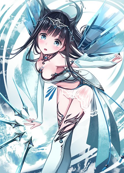 Anime picture 643x900 with yasuno (airy light) single long hair tall image looking at viewer blush fringe breasts blue eyes light erotic black hair standing bare shoulders braid (braids) long sleeves parted lips leaning leaning forward single braid girl