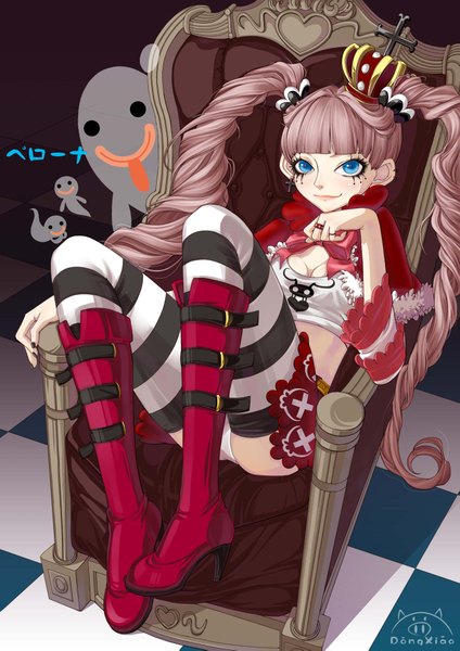 Anime picture 2894x4093 with one piece toei animation perona dong xiao long hair tall image blush highres blue eyes light erotic smile sitting twintails signed pink hair nail polish pantyshot sitting checkered floor ghost girl