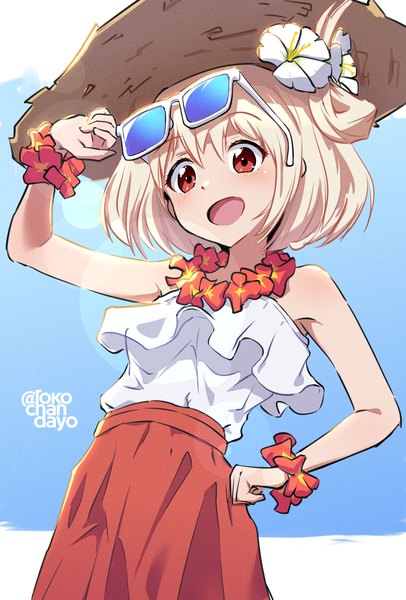Anime picture 1080x1598 with lycoris recoil nishikigi chisato rokochan single tall image short hair open mouth blonde hair red eyes :d hair flower from below sleeveless lens flare sunglasses on head outside border girl flower (flowers) hat sunglasses