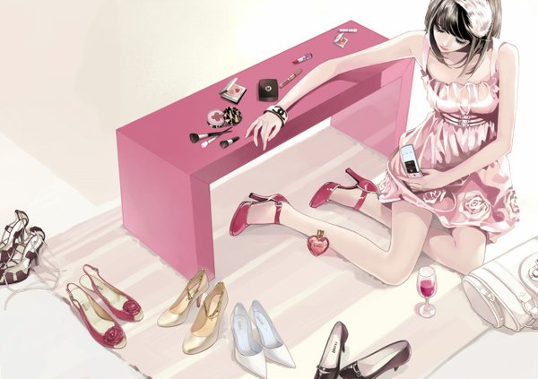 Anime picture 1280x903 with original chanel daisy (artist) single short hair brown hair sitting eyes closed fashion girl dress shoes bracelet bag sandals wine glass phone lipstick tube makeup brush
