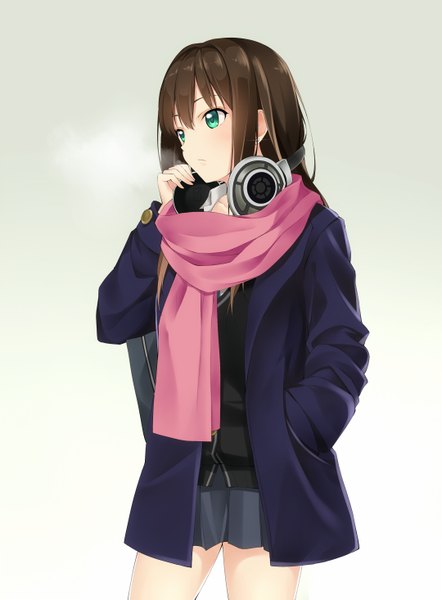 Anime picture 1080x1465 with idolmaster idolmaster cinderella girls shibuya rin qiuzhi huiyi single long hair tall image blue eyes brown hair looking away grey background hand on headphones girl headphones scarf coat