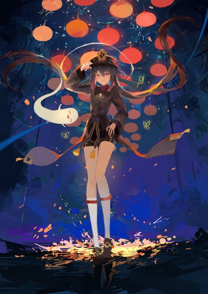 Anime picture 2480x3508 with genshin impact hu tao (genshin impact) boo tao (genshin impact) ichika (ichika87) single tall image looking at viewer fringe highres hair between eyes red eyes brown hair twintails full body very long hair adjusting hat ghost girl hat socks
