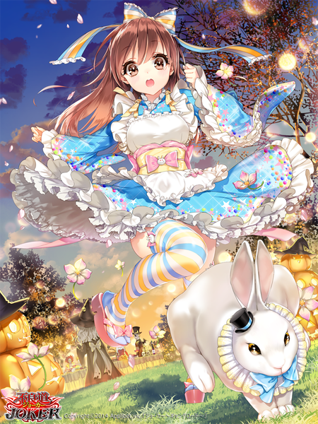 Anime picture 750x1000 with alice in wonderland joker ~gang road~ alice (wonderland) cocoon (loveririn) single long hair tall image open mouth brown hair brown eyes halloween girl thighhighs dress flower (flowers) bow hair bow animal petals striped thighhighs
