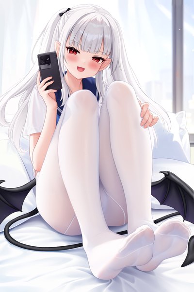 Anime picture 4000x6000 with original allenes single long hair tall image looking at viewer blush fringe highres open mouth light erotic smile red eyes sitting holding absurdres silver hair full body indoors tail